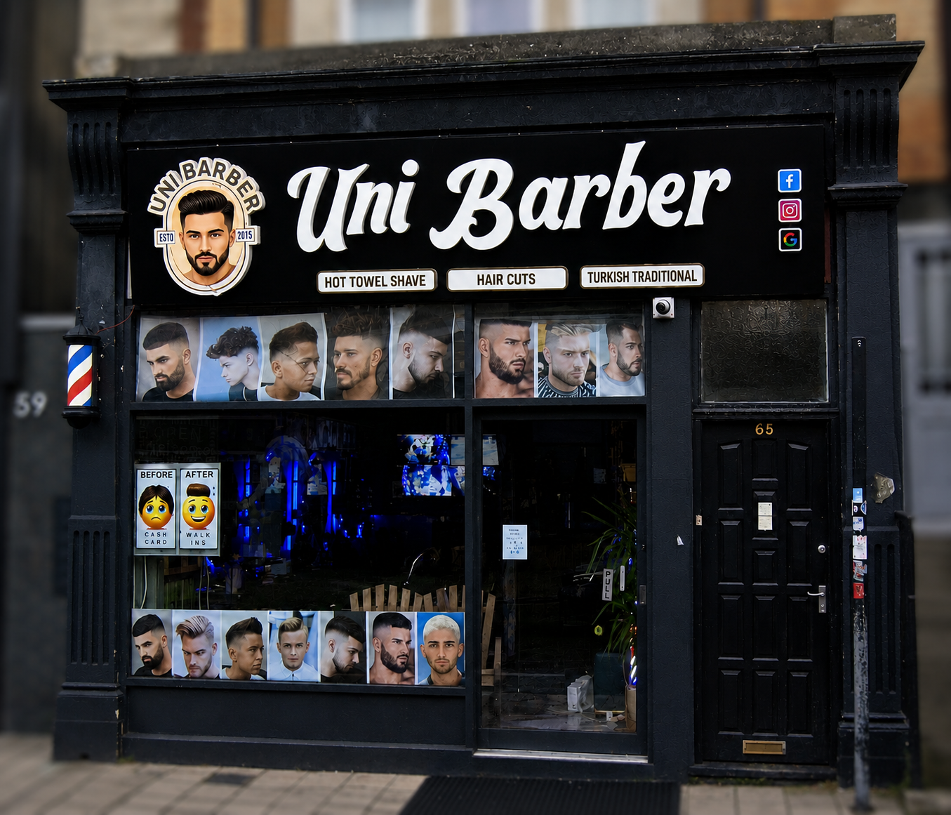 Uni Barbers shop front at 65 Cowley Road, Oxford